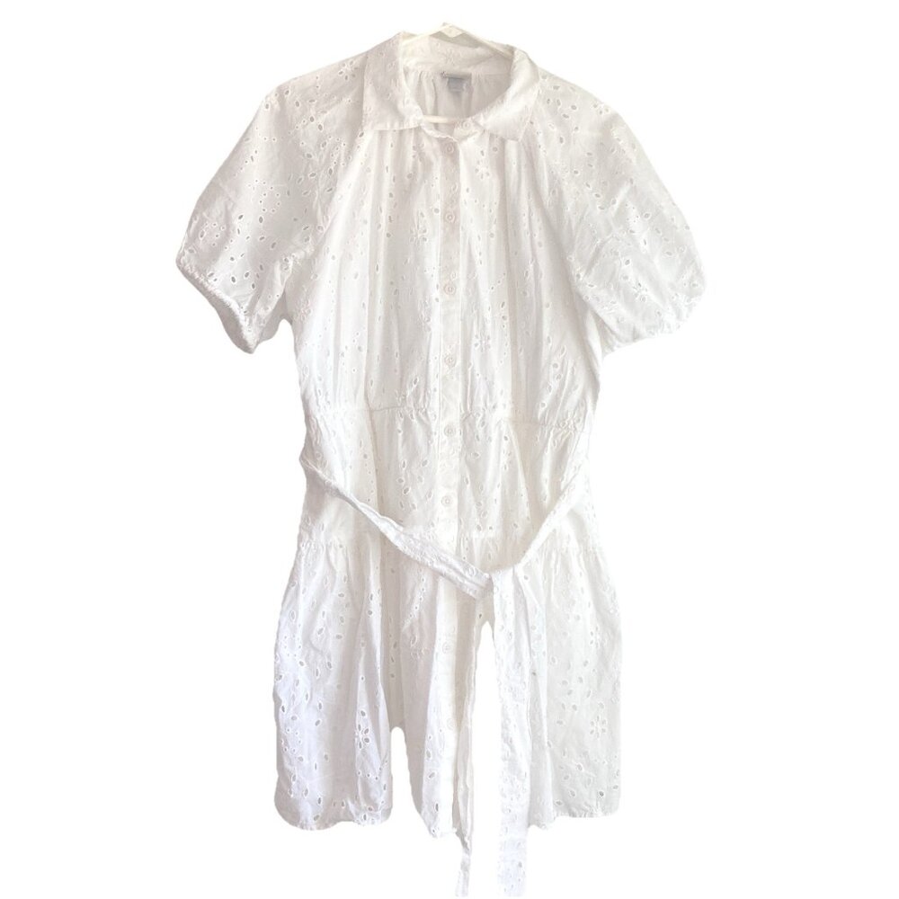 A New Day Dress White Eyelet Puff Sleeve Lined Romantic Cotton Cottagecore Sz L